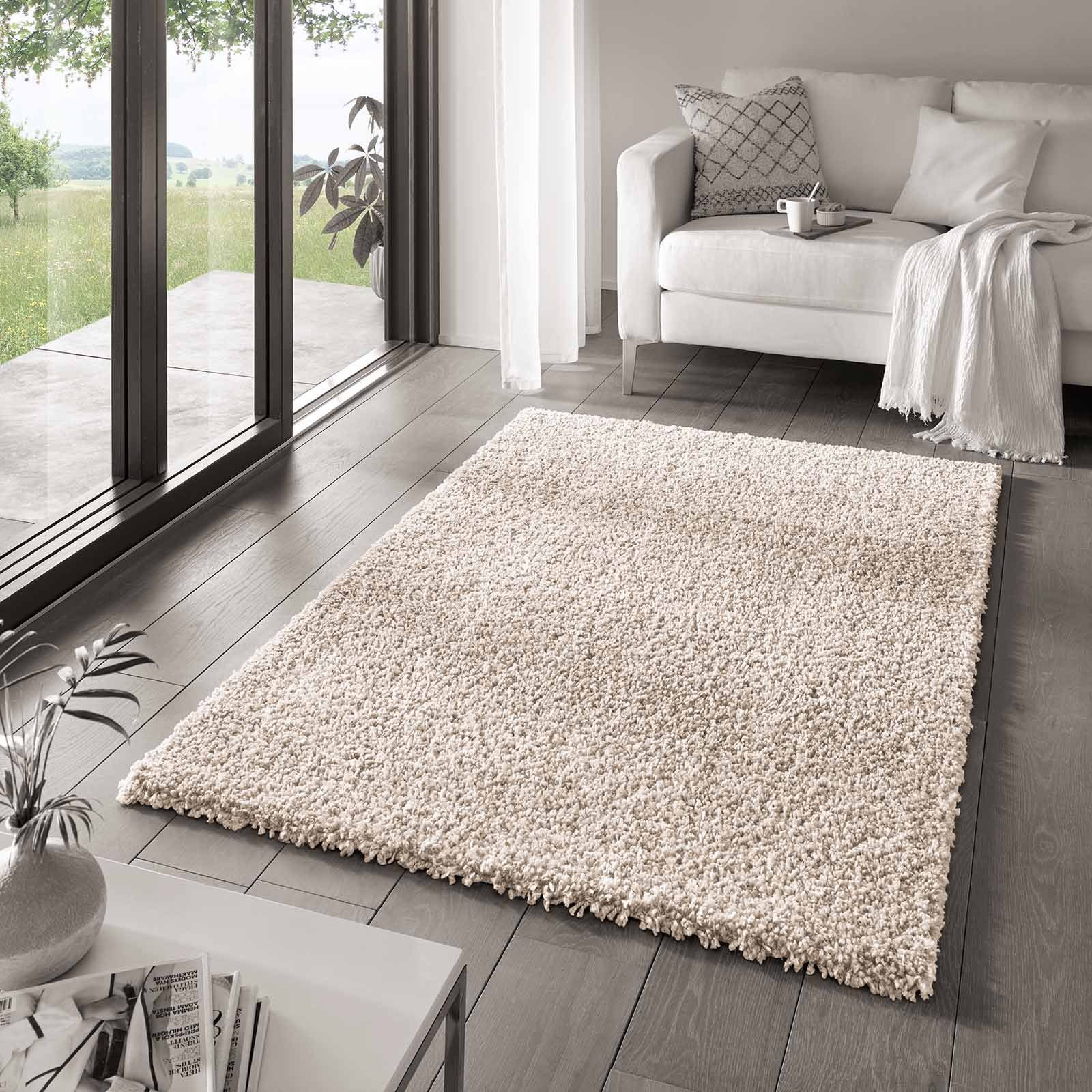 Langflor-Teppich Venezia Shaggy, TaraCarpet, rechteckig, Höhe: 35 mm, Hochflor Shaggy Uni Creme Wohnzimmer Schlafzimmer 060x090 cm