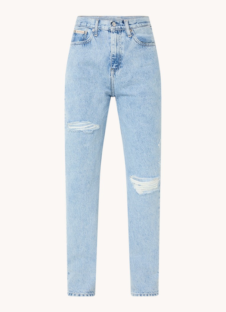 Calvin Klein high-waist slim-fit jeans with a light wash and destroyed finish