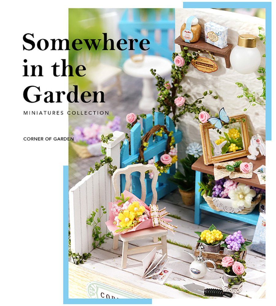 Cute Room 3D-Puzzle Puppenhaus Miniatur DIY hölzernes Gartenecken, Puzzleteile, 3D-Puzzle, Miniaturhaus 1:24, Modellbausatz mit Möbeln zum basteln-Serie-Mini Szenen