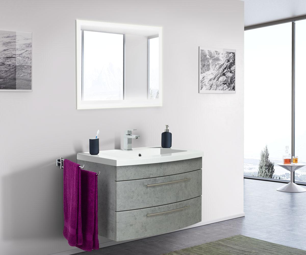 Posseik Badmöbelset Luna 80 mit runder Front Beton LED Spiegel 80 cm EEK: F