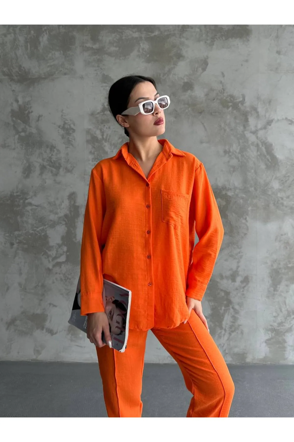 ZF BUTİK  Damen-Set aus beigem Doppelleinenhemd, Oberteil und Unterteil mit Hose