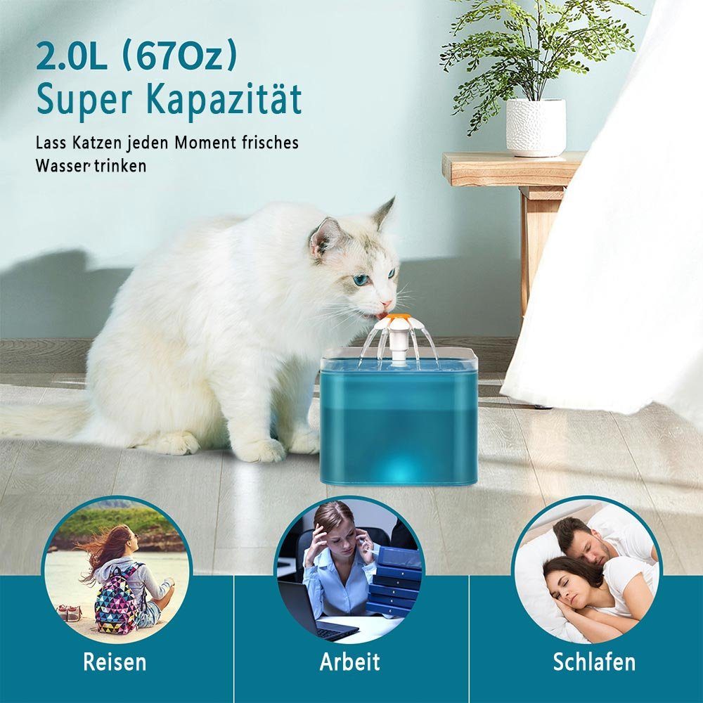 Kpaloft Trinkbrunnen 2 l, Hund LED Trinkautomat, Katzen Wasserspender leise