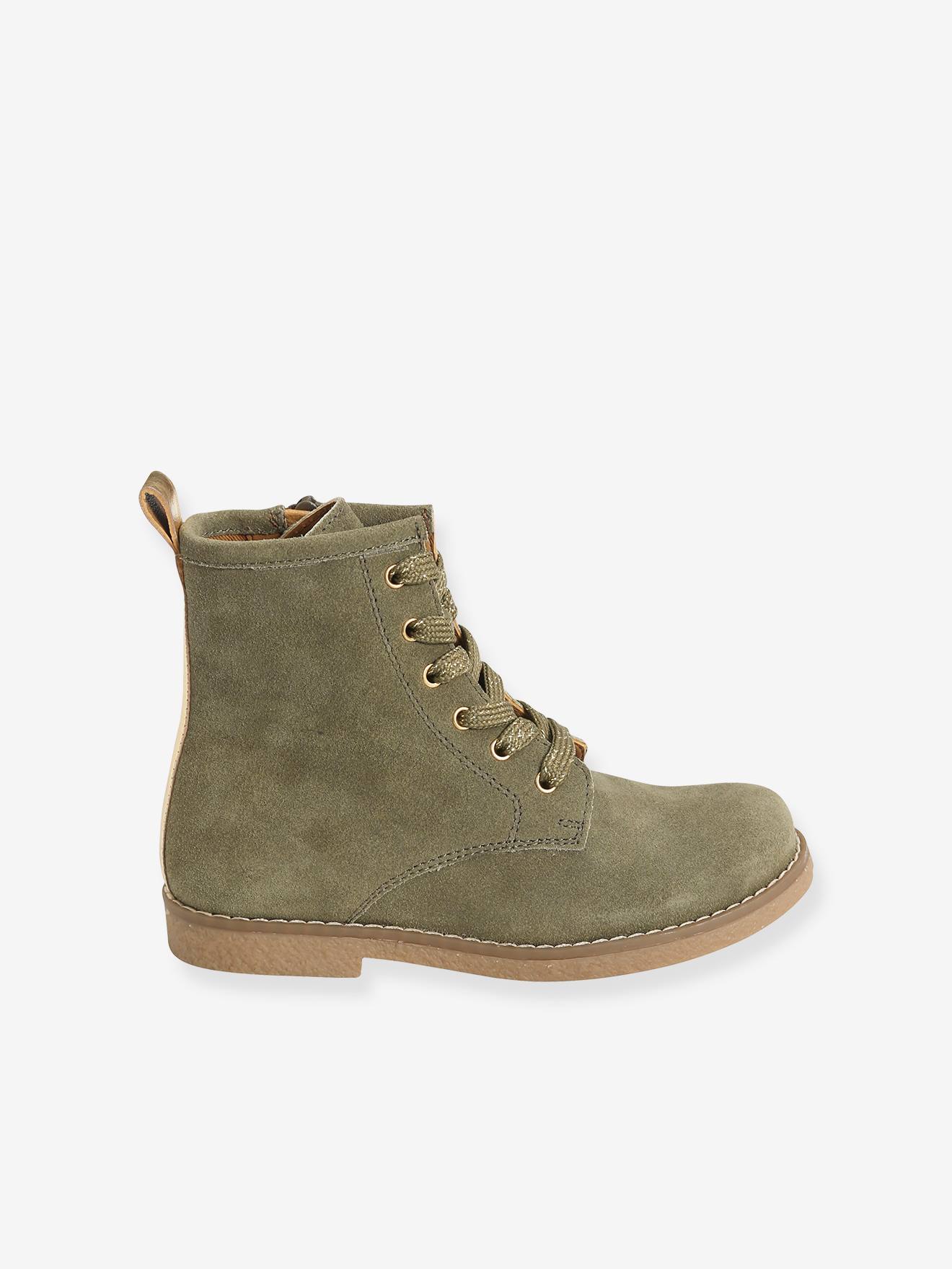 Bottines cuir fille à lacets + glissière kaki