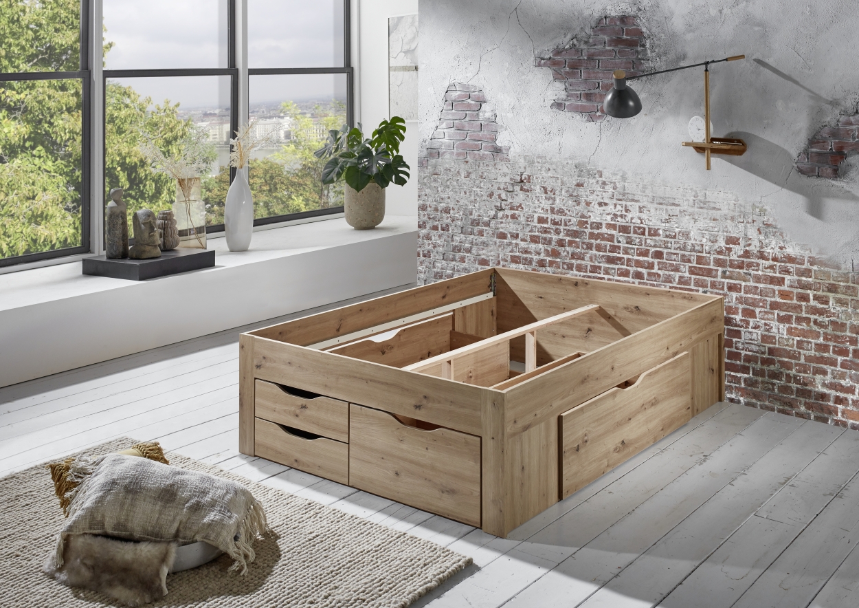 Relita Stauraumbett Noah 140 x 200 cm, ohne Lattenrost mit 5 Bettschubladen, Ausf. Eiche Artisan Dekor
