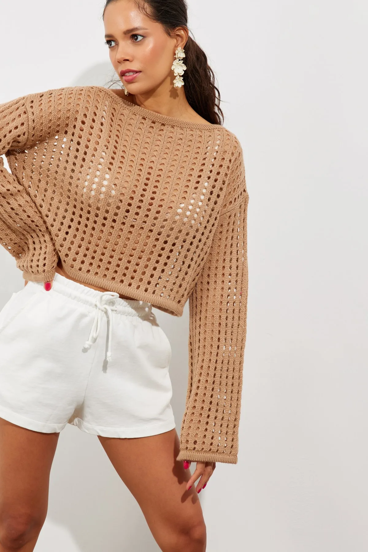 Cool & Sexy  Damen-Kurzbluse aus durchbrochenem Strick mit spanischen Ärmeln in Kamelblau, SMT181