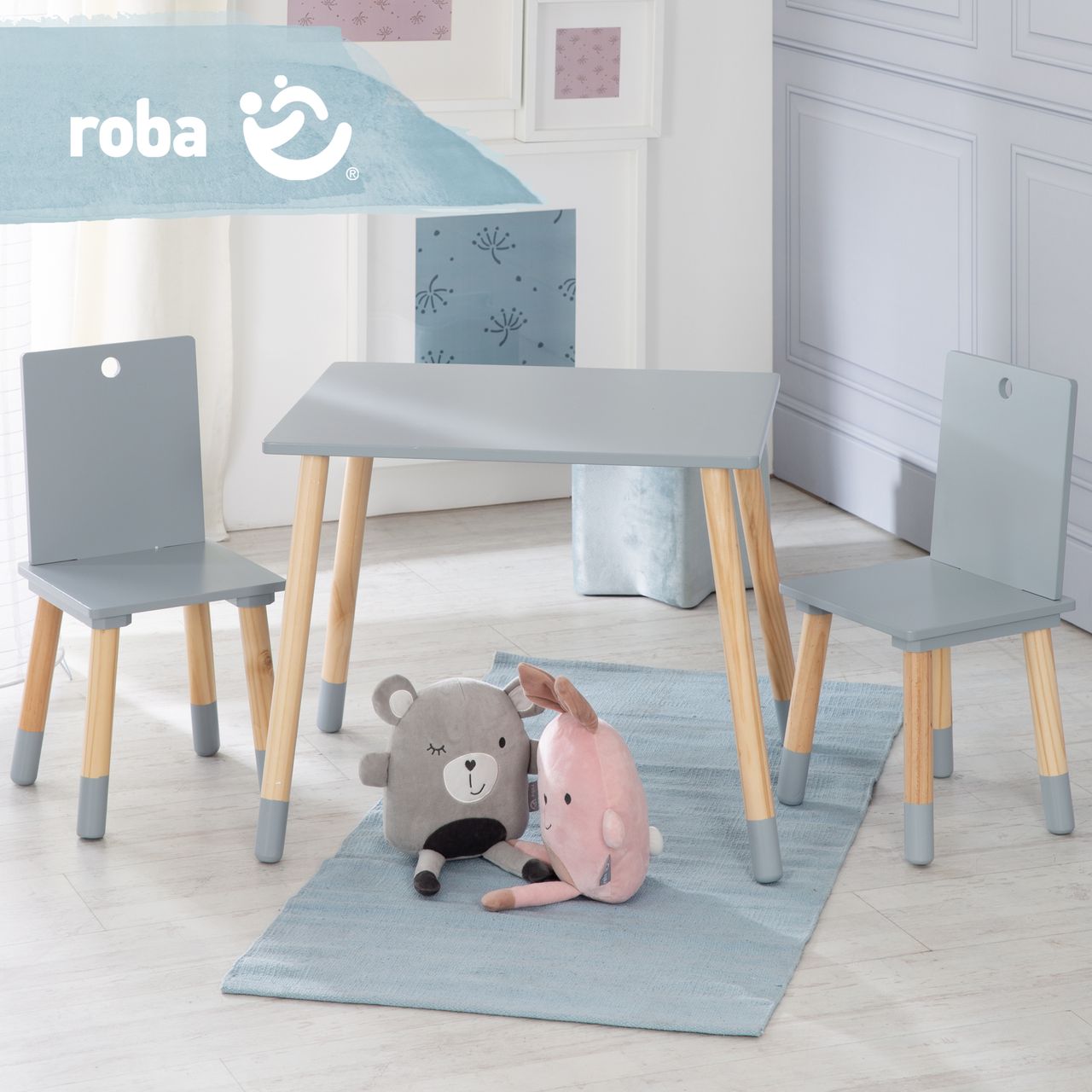 Roba Kindersitzgruppe, Kindermöbel Set, 2 Kinderstühle & 1 Tisch, Sitzgarnitur Holz, grau lackiert