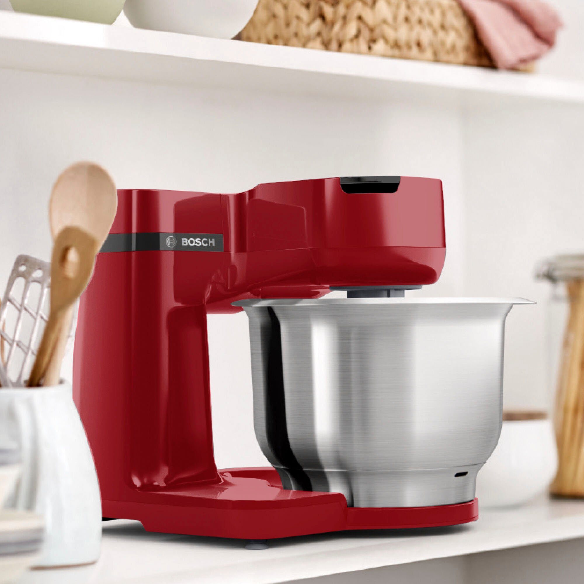 BOSCH Küchenmaschine MUMS2ER01, MUM Serie 2, 700 W, 3,8 l Schüssel, 3,8 l-Schüssel, Durchlaufschnitzler inkl. 3 Scheiben, Patisserie-Set