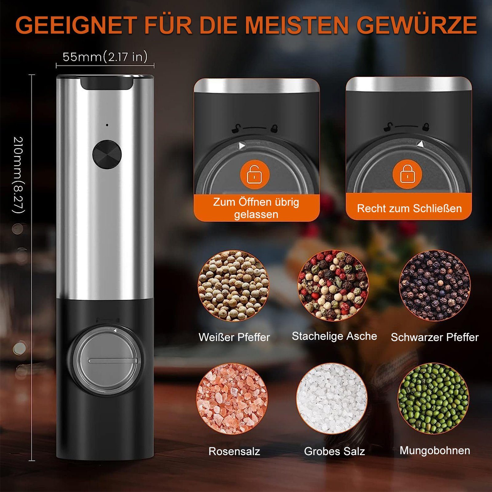 INTEBIKI Pfeffermühle Salz und Pfeffermühle Elektrisch mit Basis,Wiederaufladbare USB Automatischer Betrieb Salzmühle mit LED-Licht,Edelstahl-Einhand-Küchenhelfermühle, (2 Stück), Einstellbare Grobkörnigkeit(2 Stück Gewürzmühle Elektrisch)