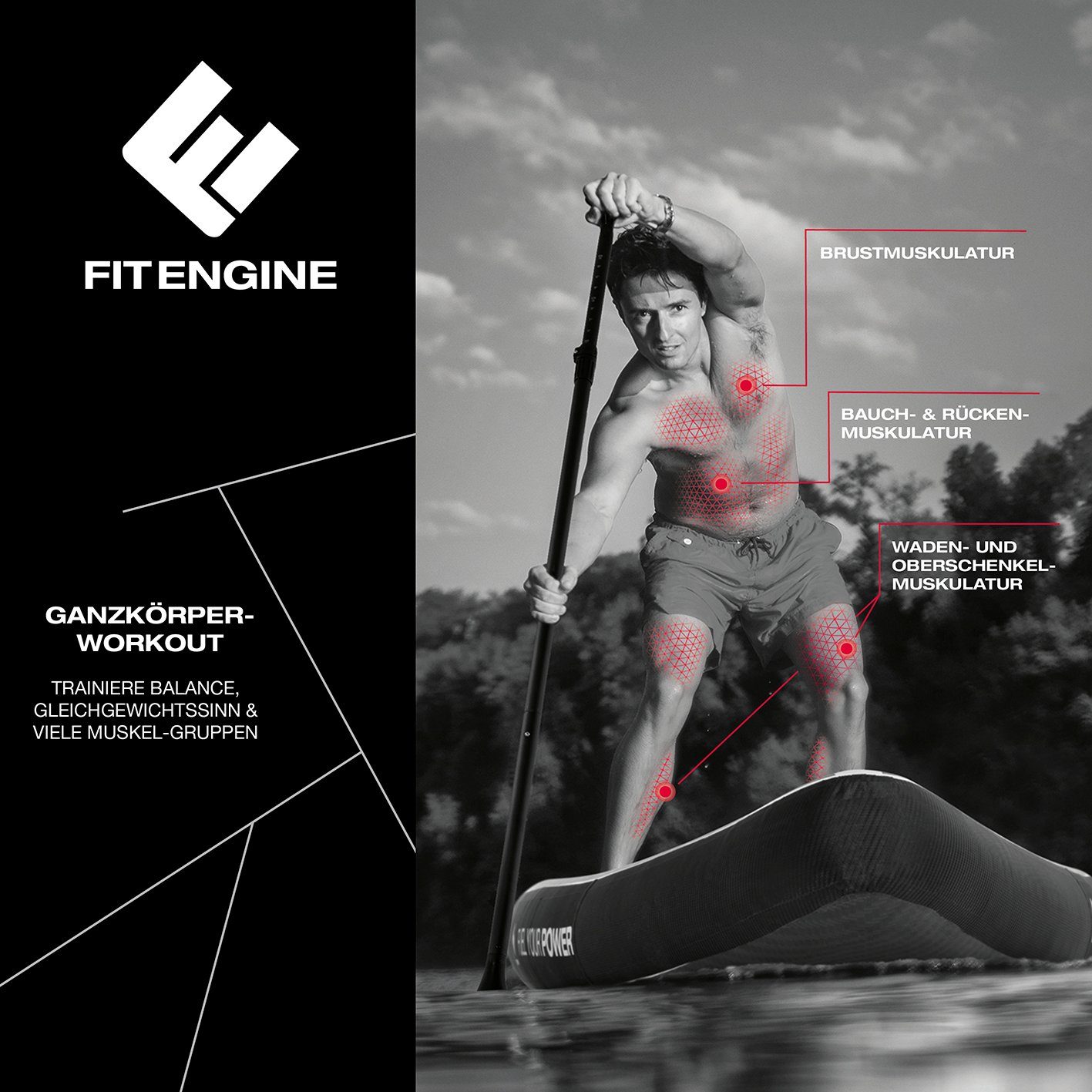 FitEngine Inflatable SUP-Board XXXL Stand up Paddle Board Set Race 11‘8“ 360cm, 170kg Race-Shape erhöhte Stabilität