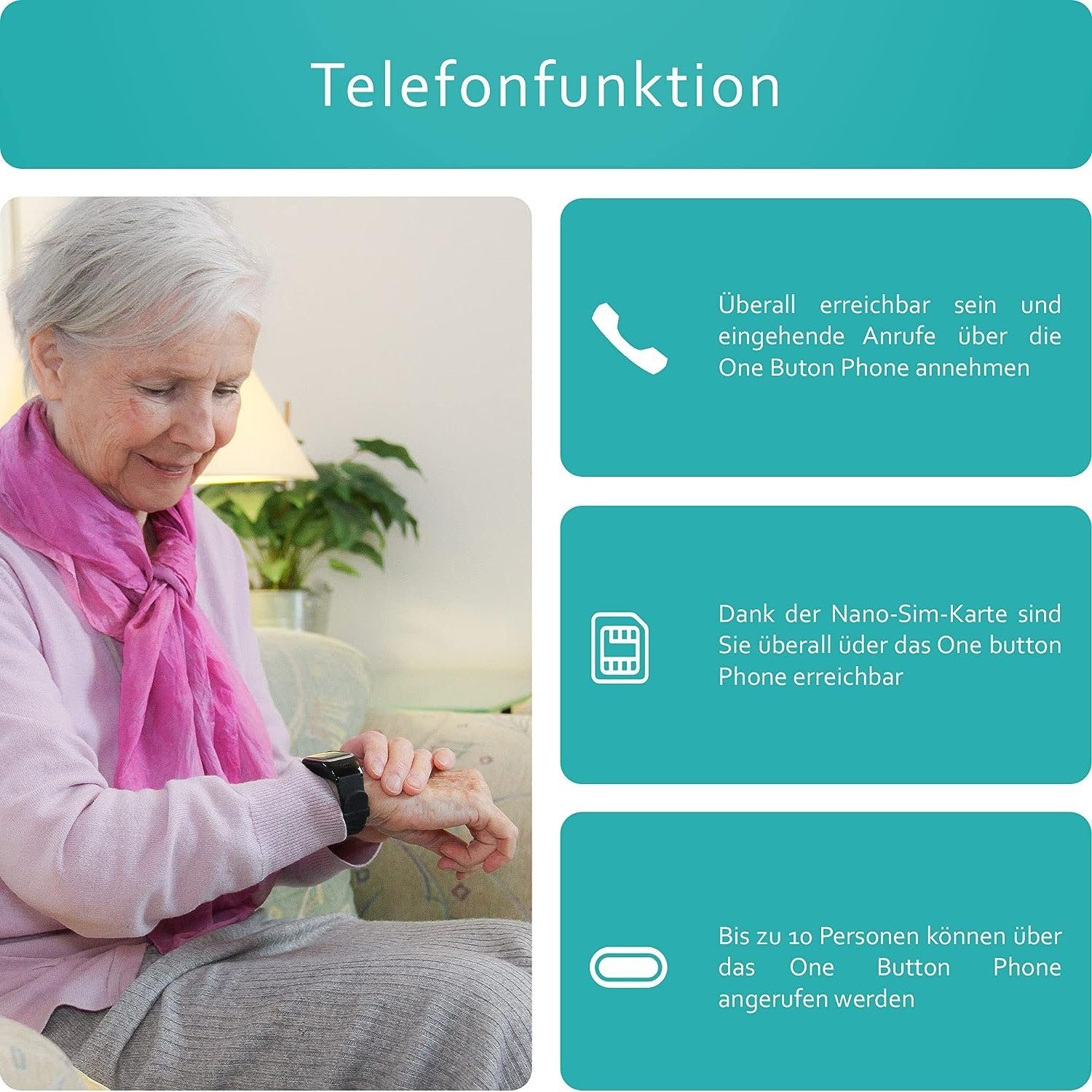 one button phone Notrufuhr mit GPS-Ortung und Telefonfunktion, SOS-Knopf für Senioren Smartwatch