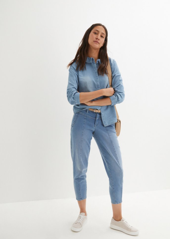 Lockere Jeansbluse mit Kragen, 7/8-Arm