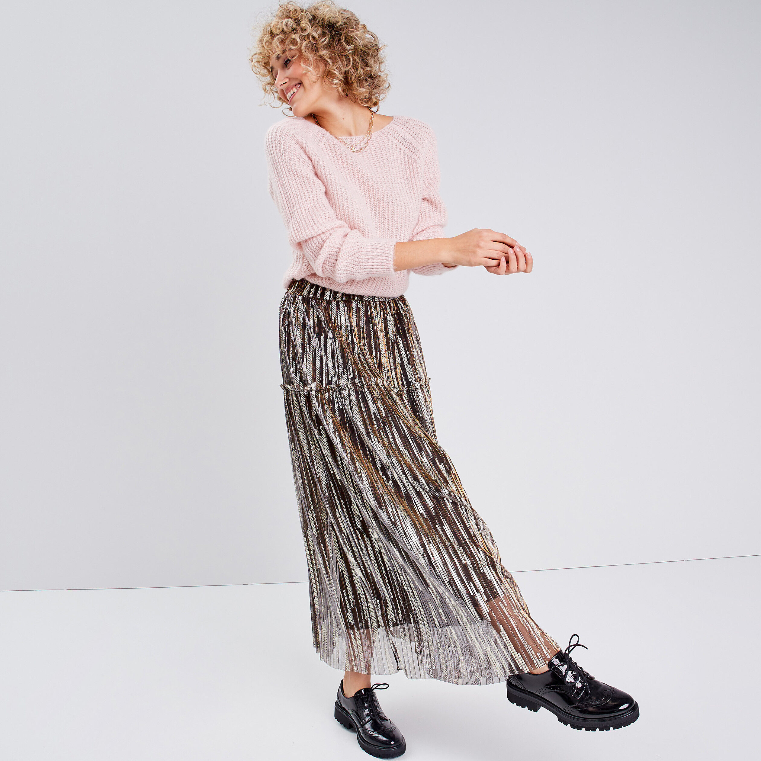 Jupe midi évasée taille haute couleur or femme | Cache Cache