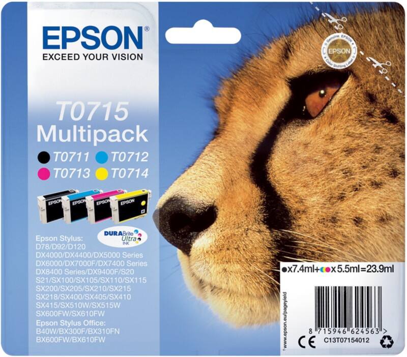 Epson T0715 Original Tintenpatrone C13T07154012 Schwarz, Cyan, Magenta, Gelb Multipack 4 Stück