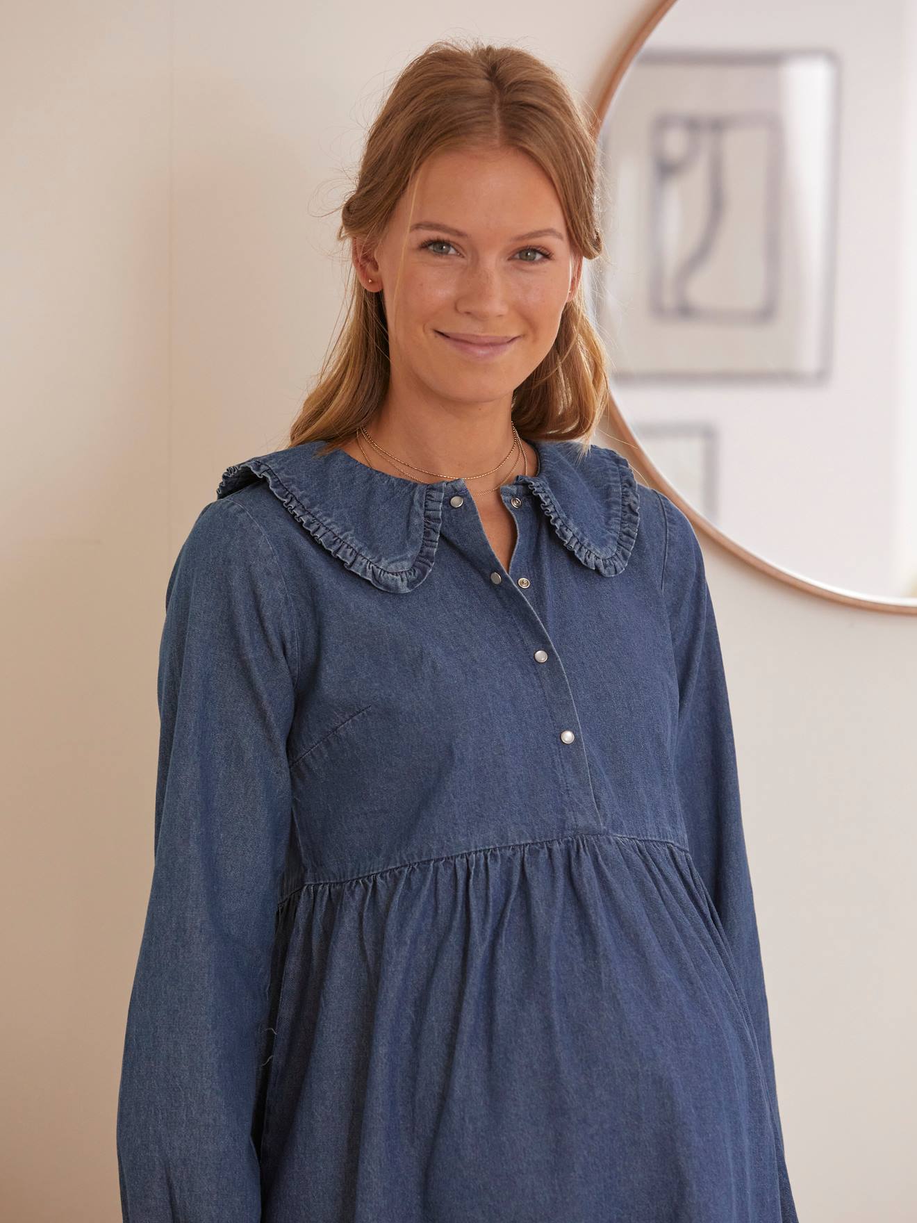 Robe col claudine volanté grossesse et allaitement jean denim bleu canard