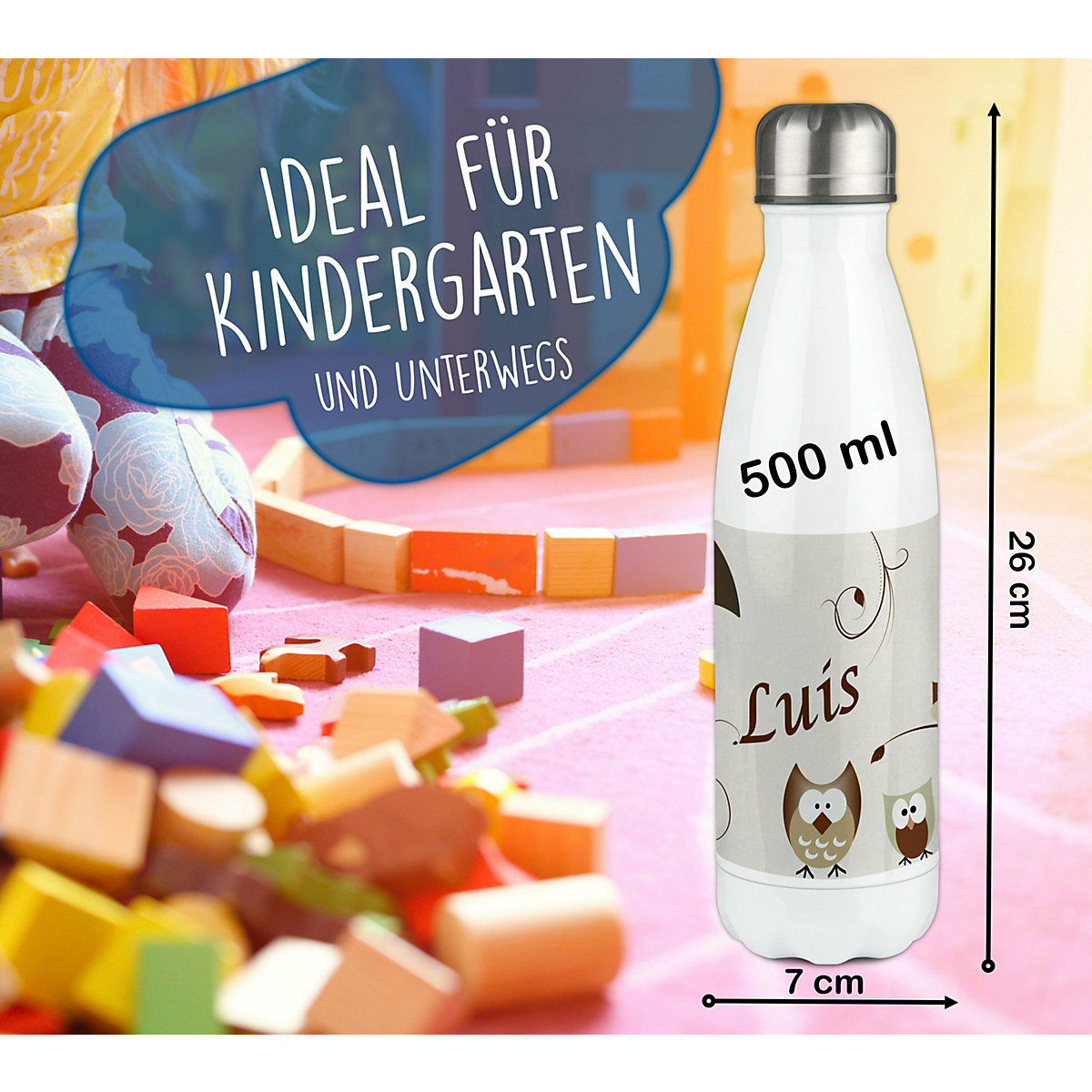 Edelstahl Kinder Thermoflasche / Trinkflasche bunt Eule Farbe beige Spülmaschinenfest, Auslaufsicher, Bruchfest, Doppelwandig, Für Heißgetränke geeignet, Mit Deckel, Isoliert