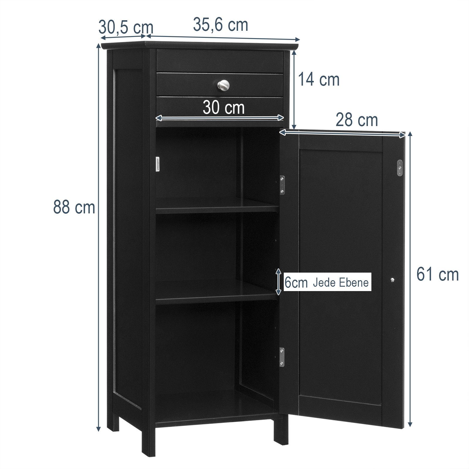 COSTWAY Badkommode, mit Schublade & Tür, 3 Fächer, 35,6x30,5x88cm