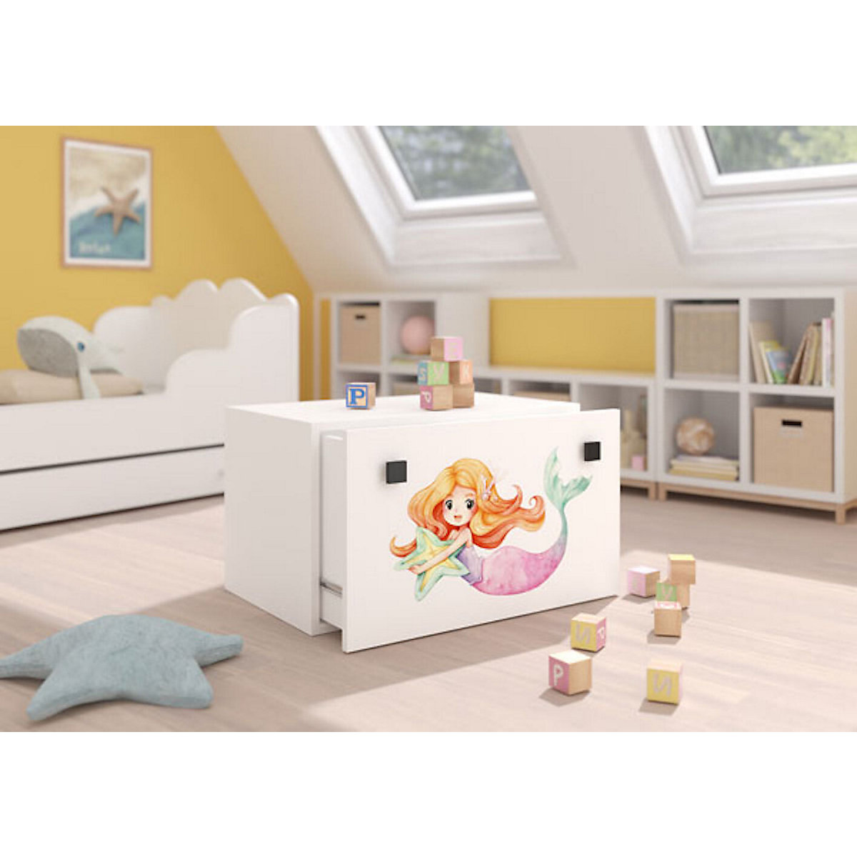 Spielzeugtruhe Sitztruhe Inga 70cm weiß Motiv Meerestiere