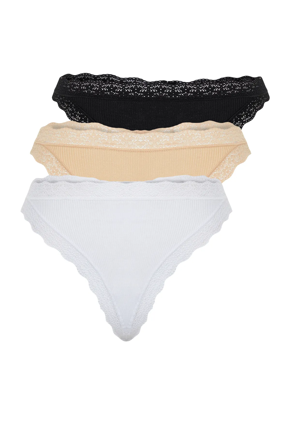 Trendyol Collection  Schwarz-Weiß-Haut 3er-Pack gestrickte Höschen aus 100 % Baumwolle mit schnurgebundener Spitze und detailliertem String THMSS24KU00004
