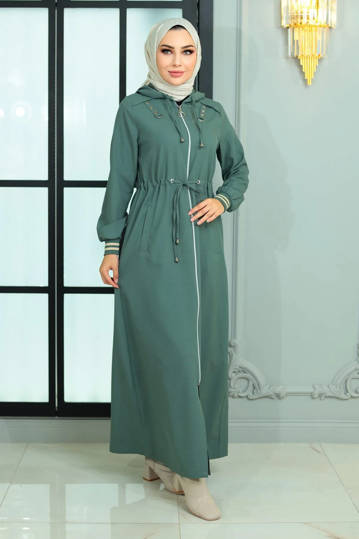 Modamihram  Abaya mit Reißverschluss und Schnürung an der Taille, Mint 19167