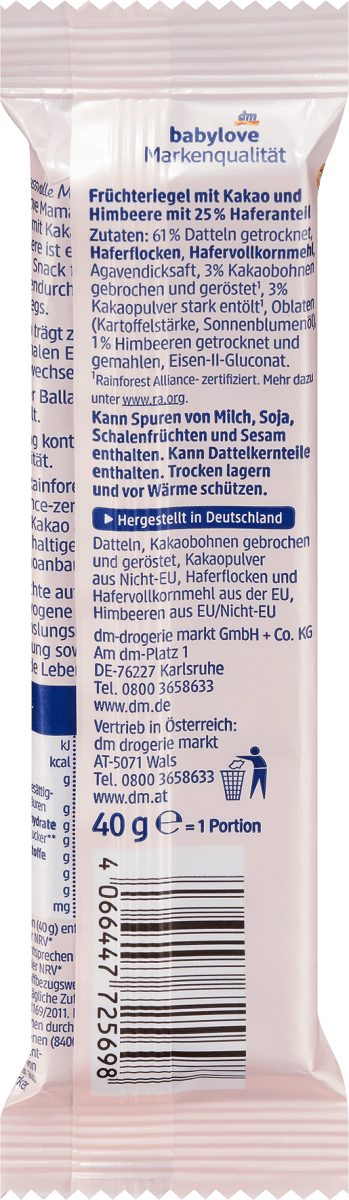 Dattelriegel Kakao-Himbeere, 40 g