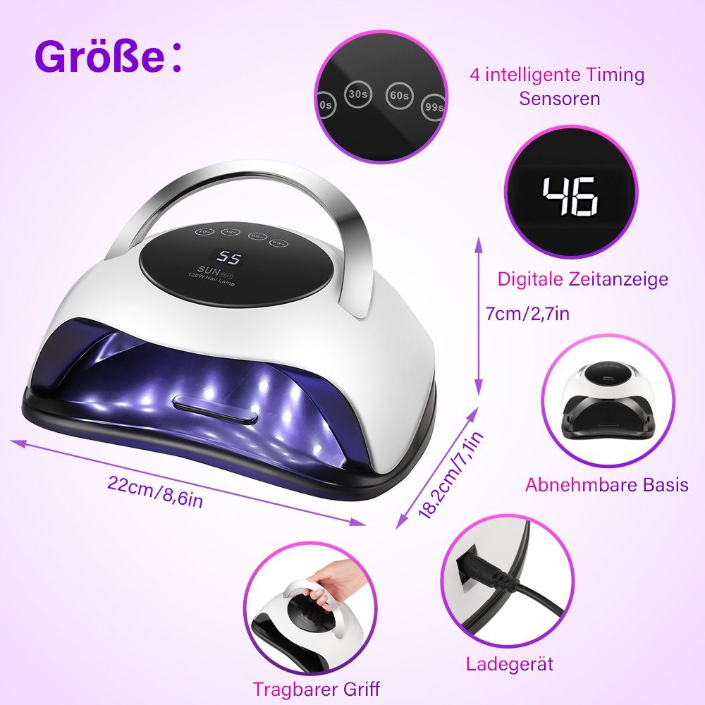 LETGOSPT Lichthärtungsgerät UV Nagellampe 120W, mit 4 Timern, LCD-Display, Abnehmbarer Basis, und Ein Paar Maniküre-Handschuhen