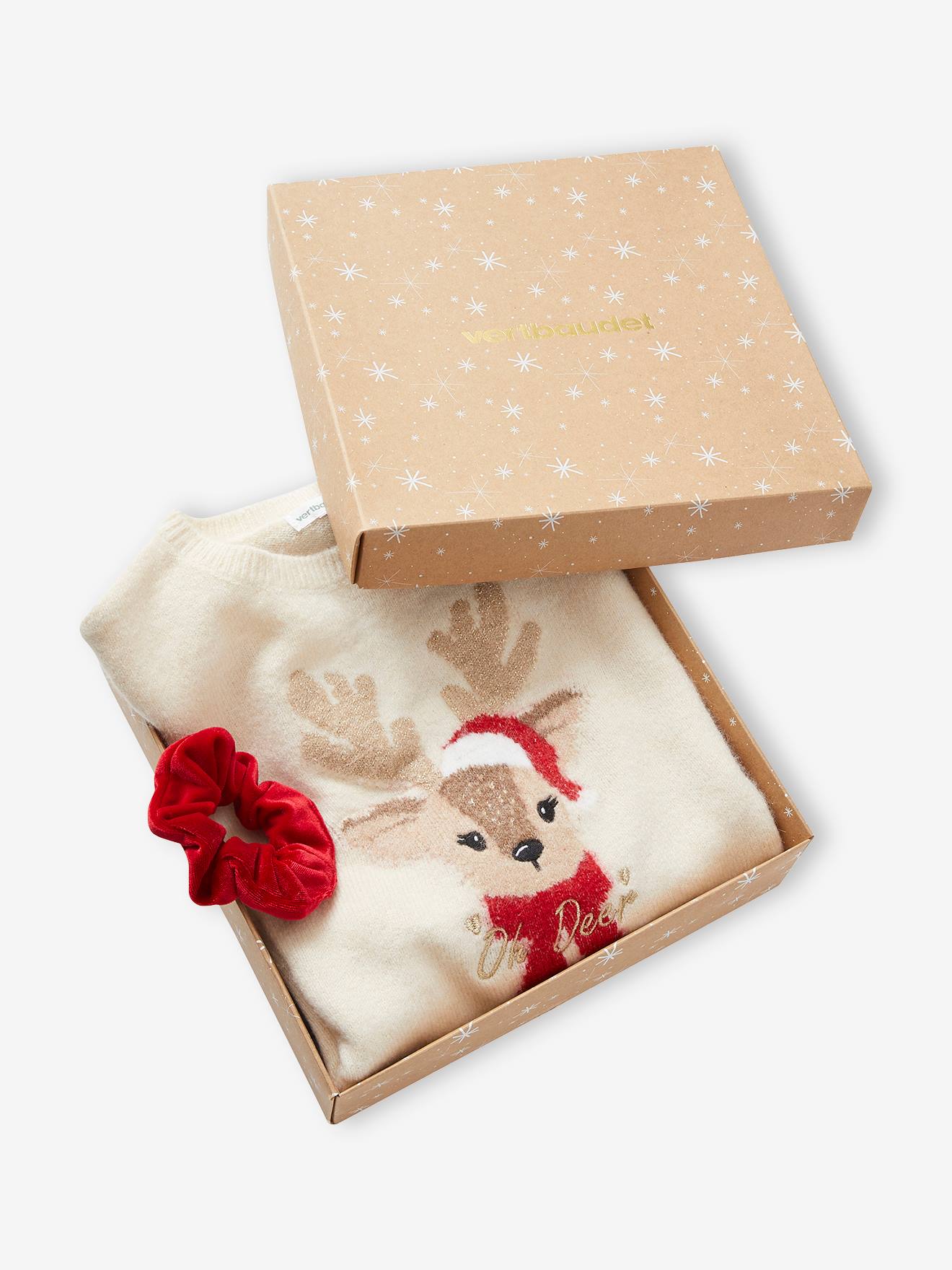 Vertbaudet Mädchen Geschenk-Set: Weihnachtspullover & 2 Haargummis - wollweiß