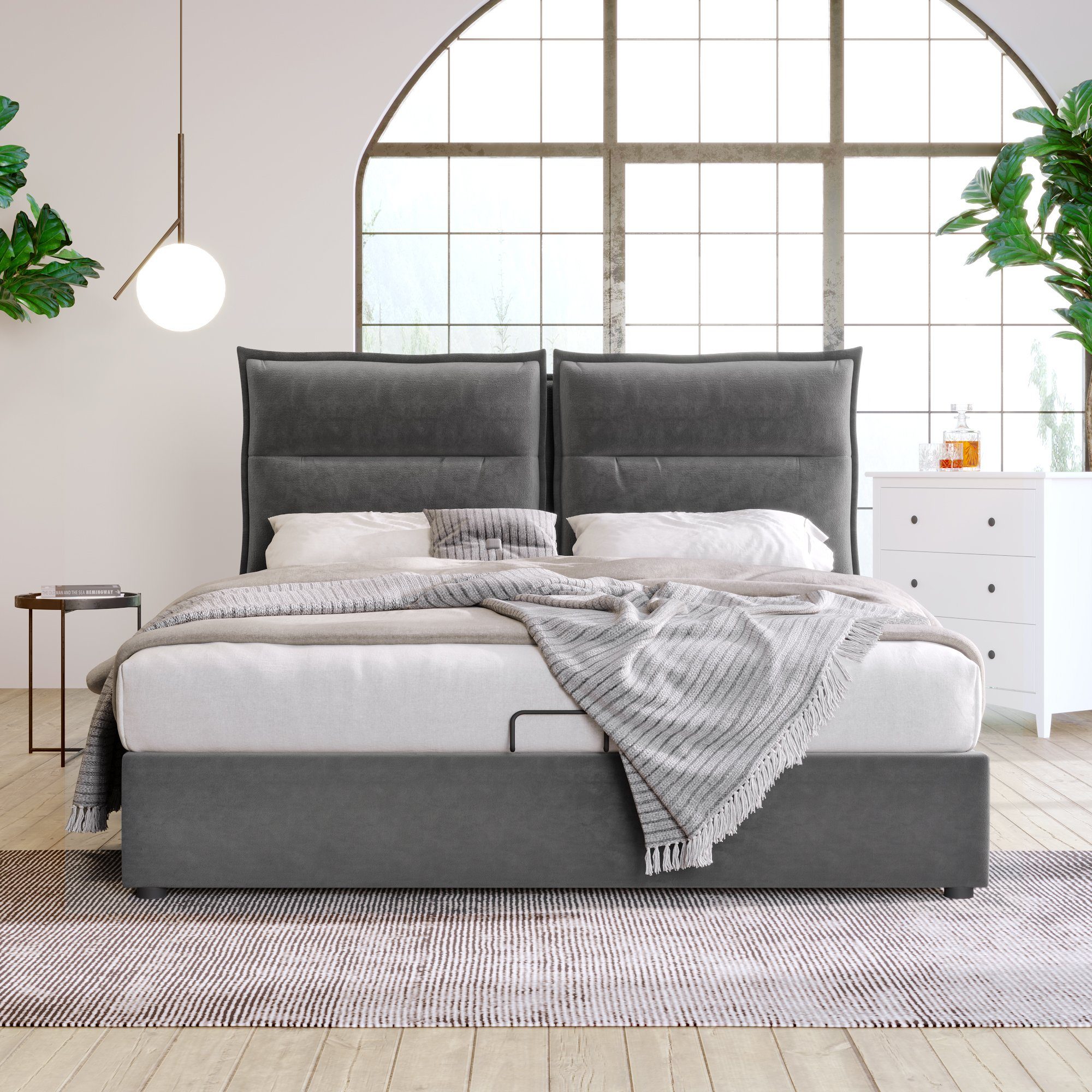 PHOEBE CAT Boxspringbett (Polsterbett Doppelbett mit Lattenrost, Bettkasten und verstellbarem Kopfteil), Hydraulisches Bett Funktionsbett 140x200 cm Samt