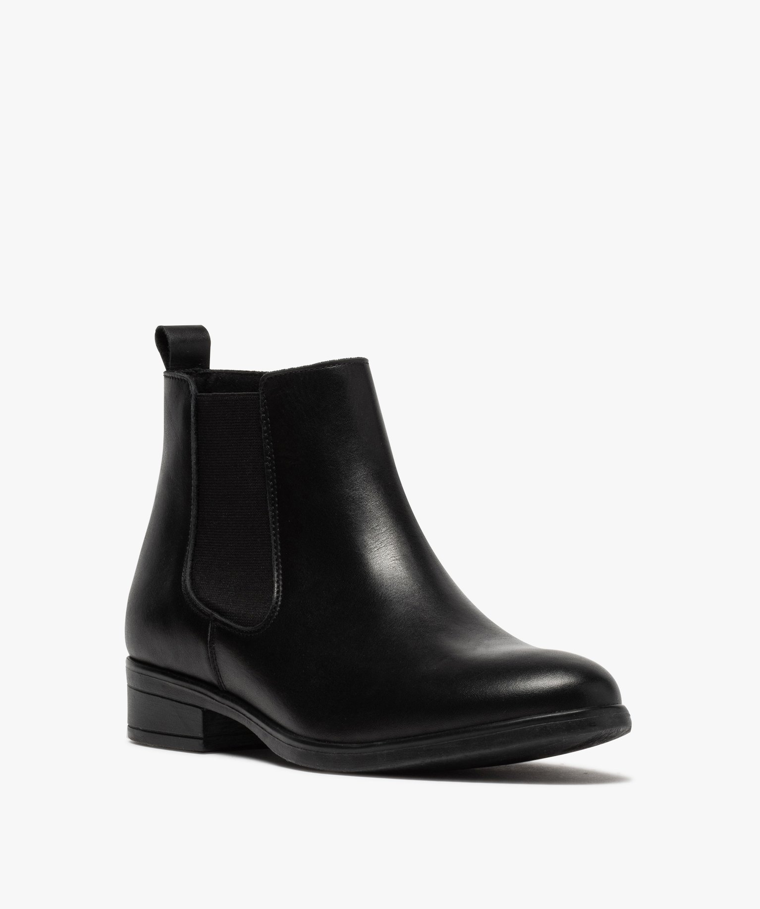 Boots femme à talon plat unis en cuir style Chelsea noir | GEMO