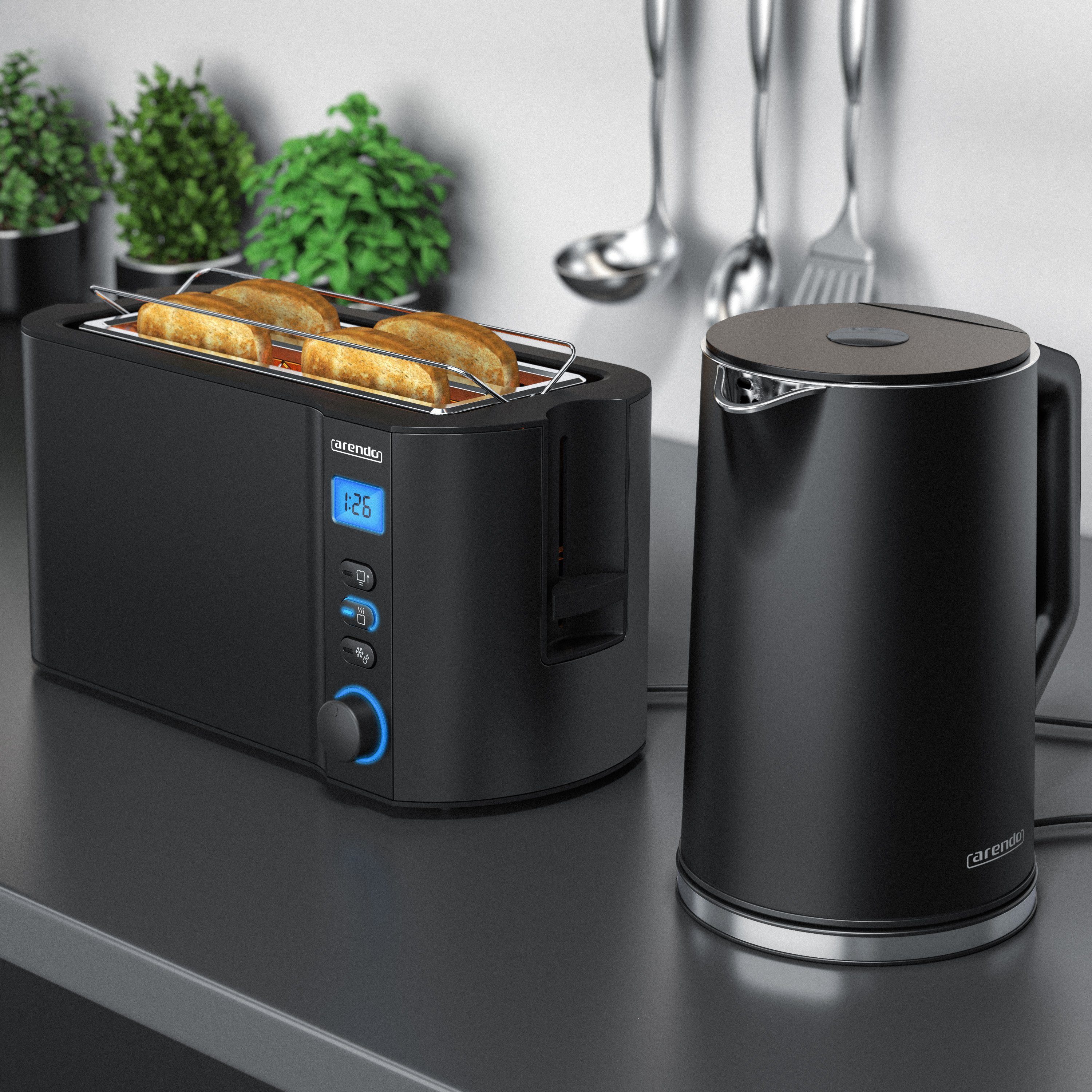 Arendo Frühstücks-Set (2-tlg), Edelstahl Wasserkocher 1,5l, 4-Scheiben Langschlitz Toaster, Schwarz