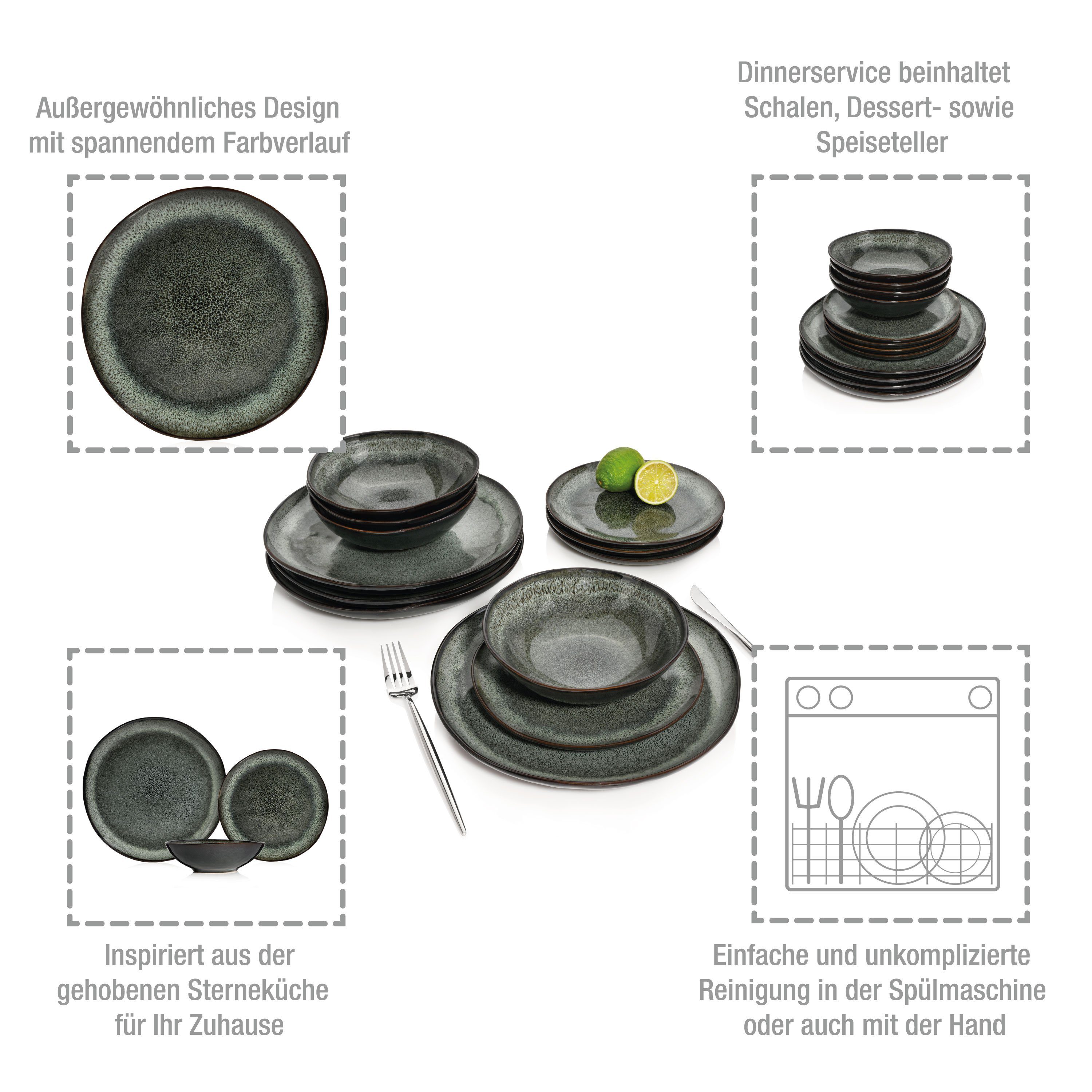 SÄNGER Tafelservice Kopenhagen Geschirrset (12-tlg), 4 Personen, Steingut, Grün-Grau, Handmade