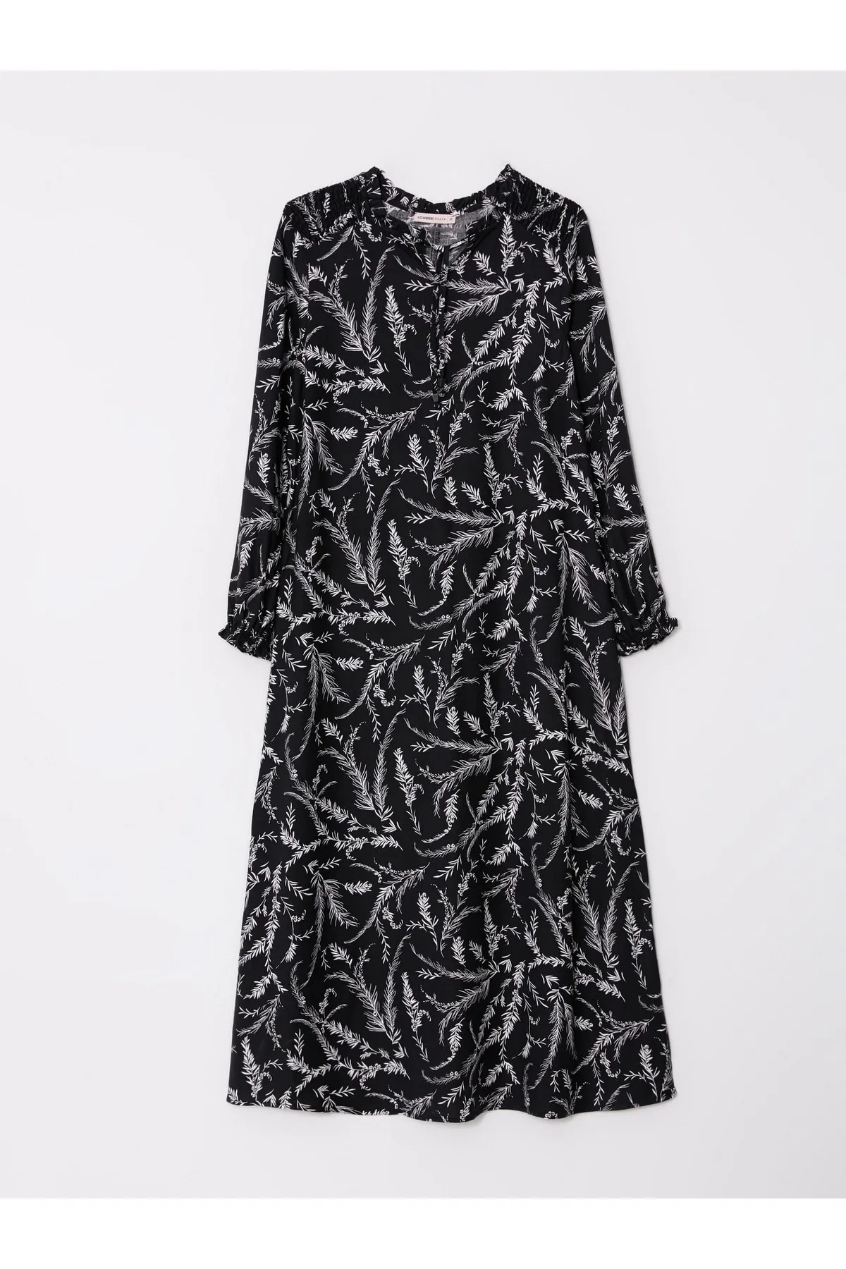 LC Waikiki  Gemustertes, langärmliges Damenkleid aus Viskose mit Bindekragen