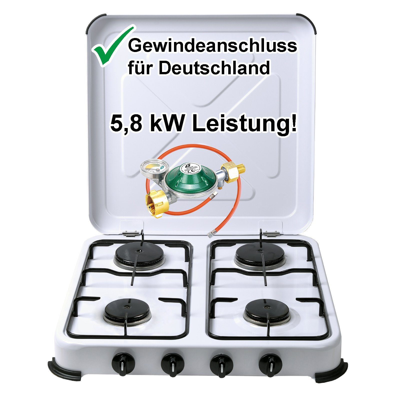 BlueCraft Gaskocher, (inkl. Manometer Regler 50 mbar und Gasschlauch 100 cm), Campingkocher 4-flammig, Gasherd Kochfeld 50 mbar