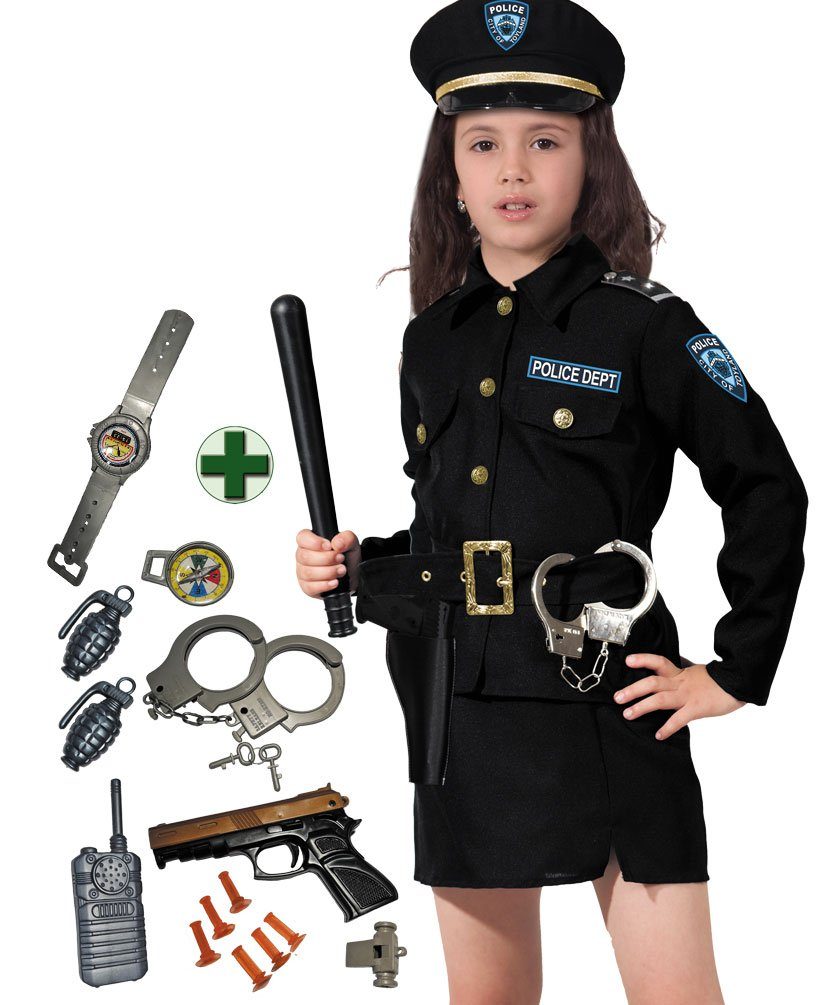 Karneval-Klamotten Polizei-Kostüm Kinder Polizistin Mädchen Uniform Mädchen blau, Kinderkostüm Komplett mit Handschellen und Polizeiset