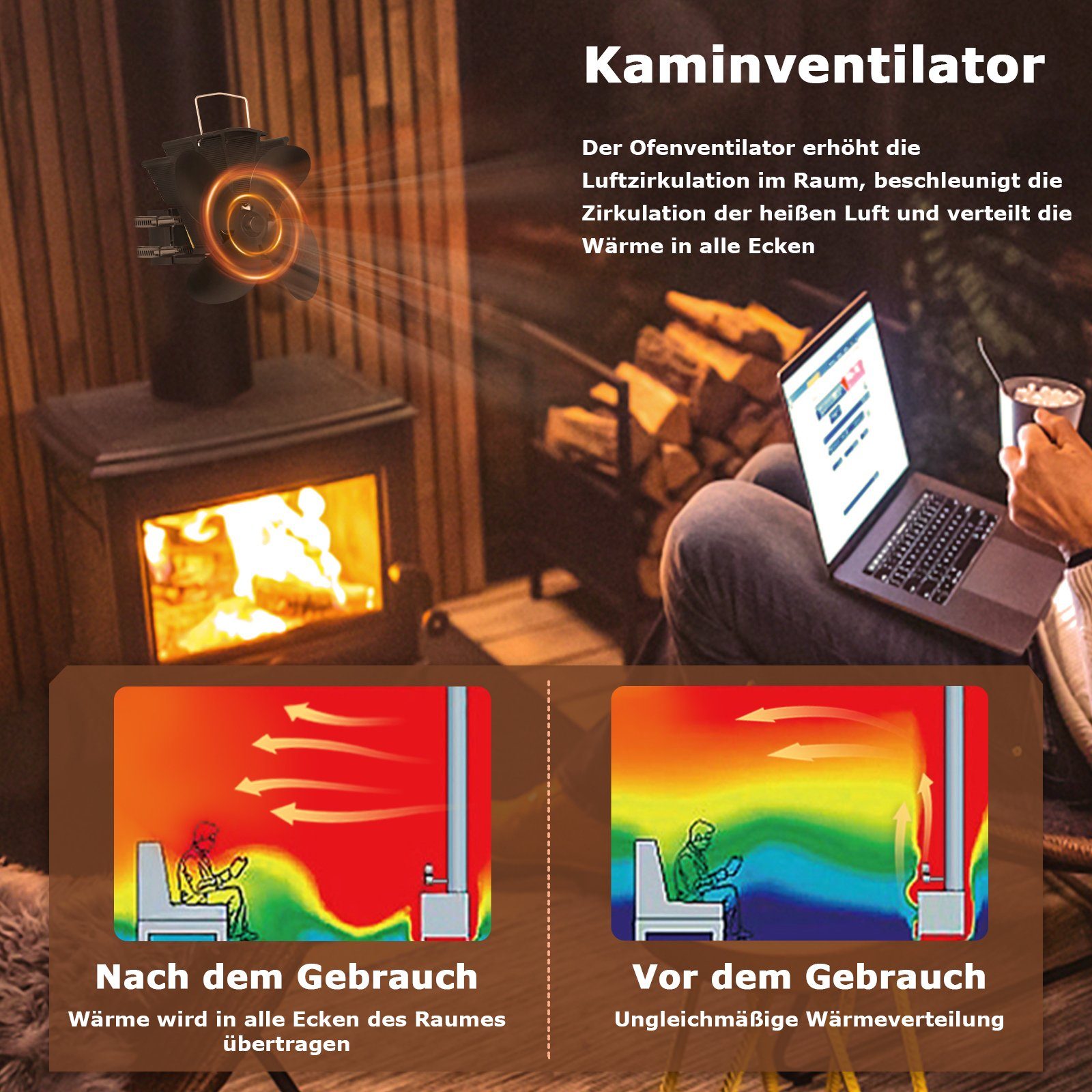 UISEBRT Kaminventilator mit 4 Blättern Ofenventilator ohne Strom Kaminlüfter
