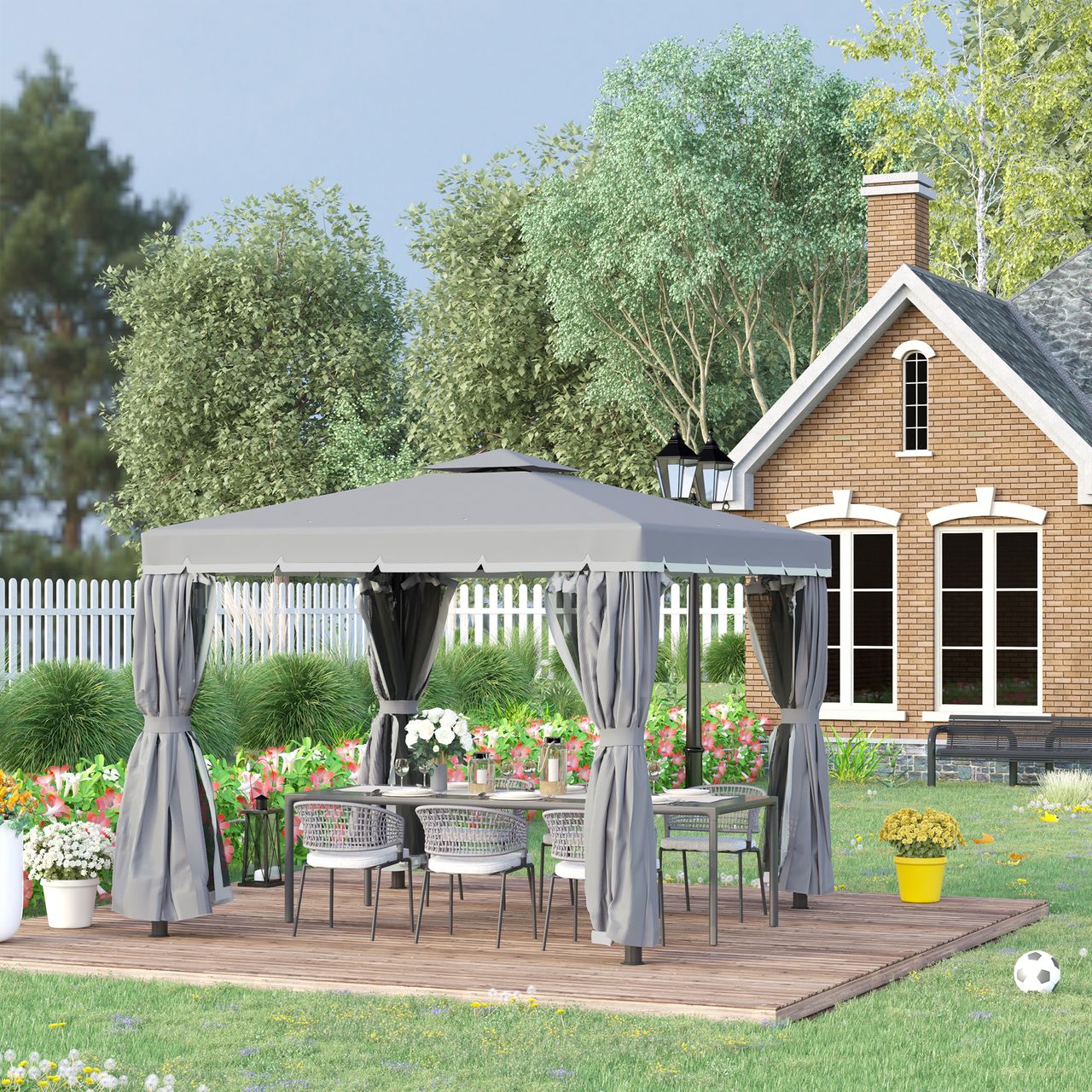 Outsunny Gartenpavillon Pavillon 2,96 x 2,96 mit Doppeldach Moskitonetz Alu