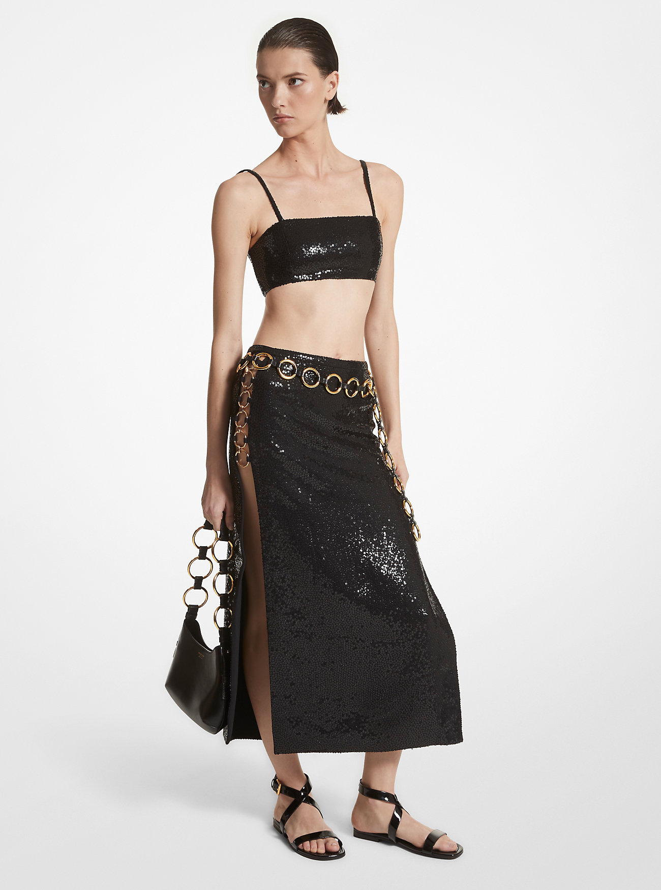 Hand-Embroidered Sequin Double Crepe Sablé Ring Slit Skirt - BLACK