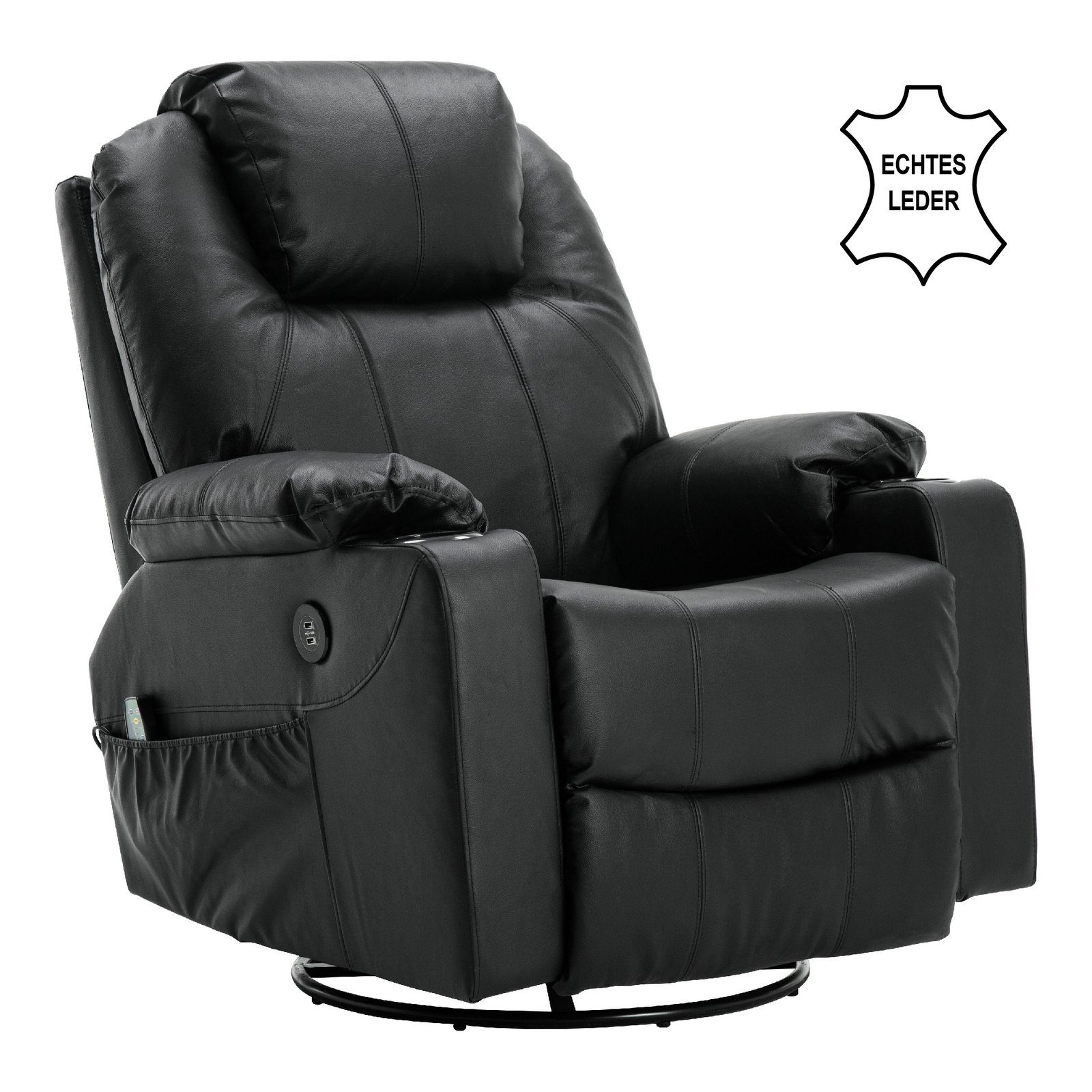 MCombo Relaxsessel MCombo Leder Massagesessel Relaxsessel 7050, manuell, mit Heizung, 360° drehbar und schwenkbar, Leder, Schwarz