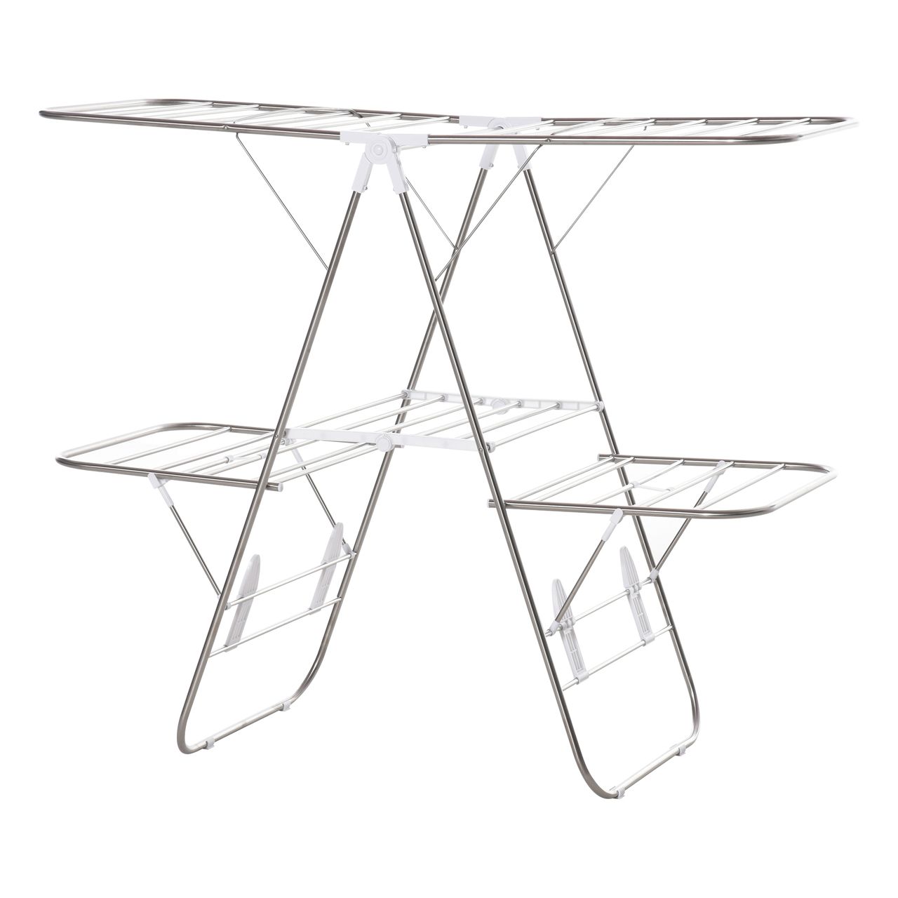HOMCOM Wäscheständer faltbar 3-stufiger Flügelwäschetrockner Trockengestell Trockenständer Edelstahl Kunststoff Silber Weiß 138 x 60,5 x 112 cm