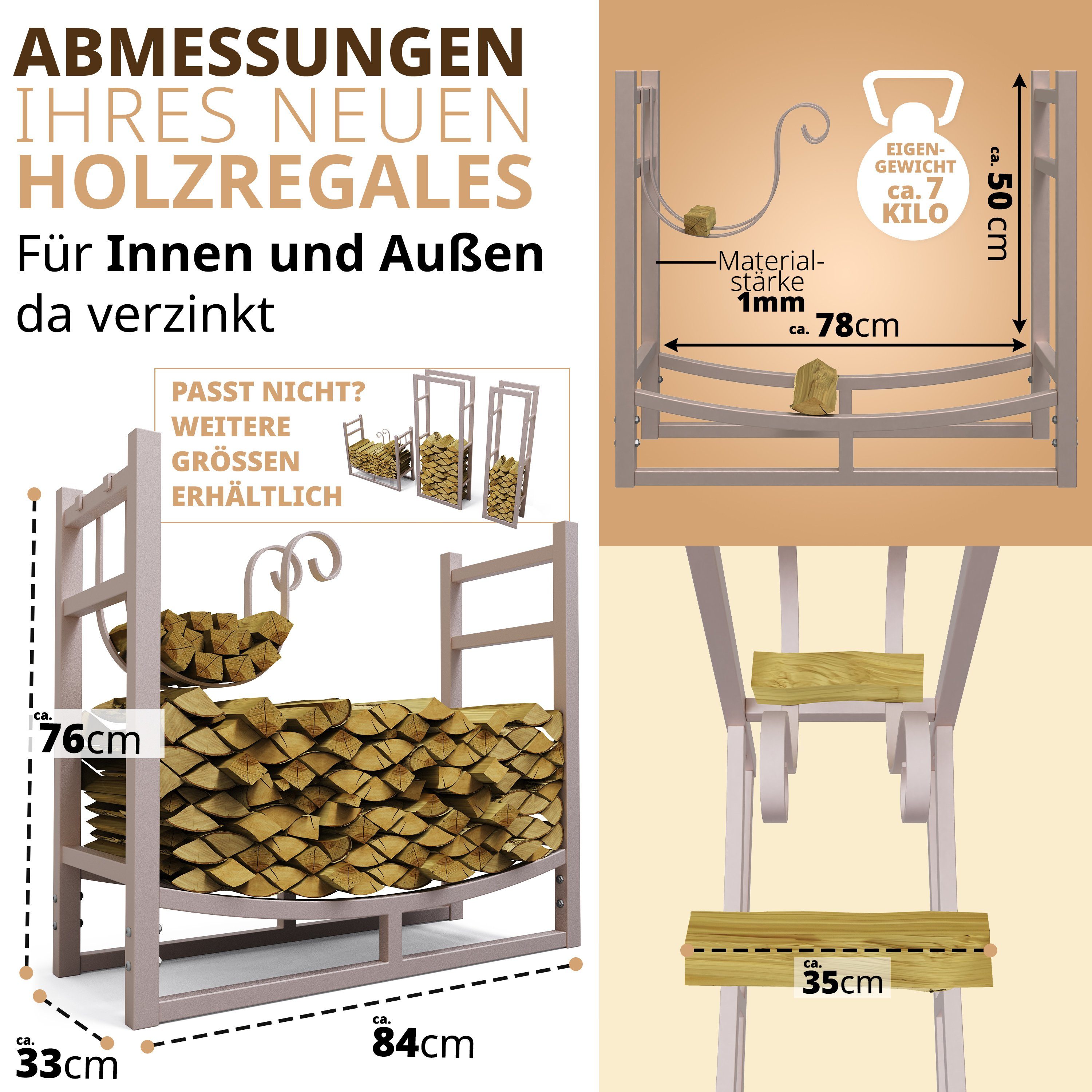 LAWA Living and Lifestyle Kaminholzregal außen Feuerholzregal innen Kaminholzhalter Stapelhilfe Brennholz, BxTxH:84x33x76 cm, verzinkt, pulverbeschichtet, stehend, liegend, BEIGE / CREMEWEIß