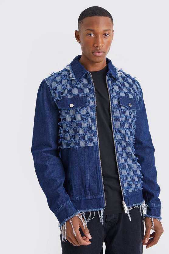 Gespleißte Jeansjacke mit Schachbrett-Print