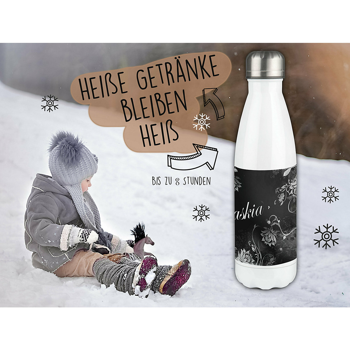 Edelstahl Kinder Thermoflasche / Trinkflasche bunt Blumenranke Farbe schwarz Spülmaschinenfest, Auslaufsicher, Bruchfest, Doppelwandig, Für Heißgetränke geeignet, Mit Deckel, Isoliert