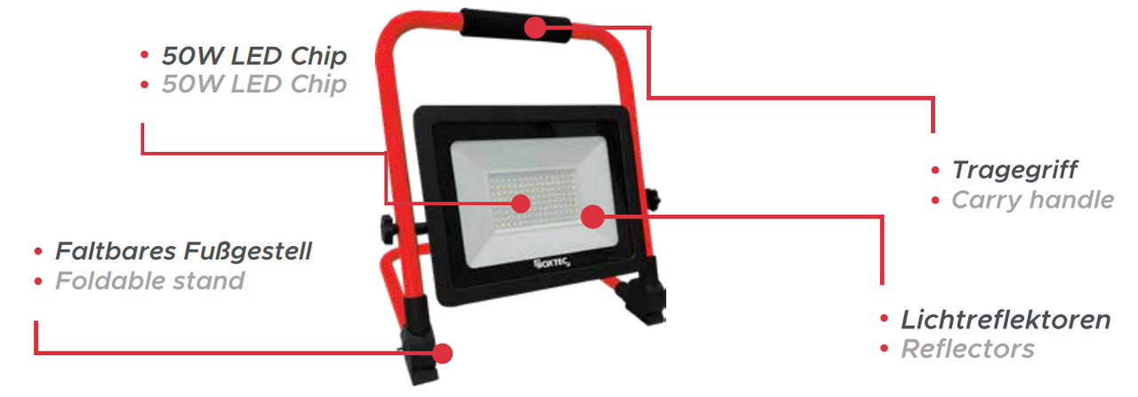 BOXTEC LED Strahler Baustrahler AKKU 50W, 3500lm, 6500K, IP54 , verstellbar, faltbares Bodengestell