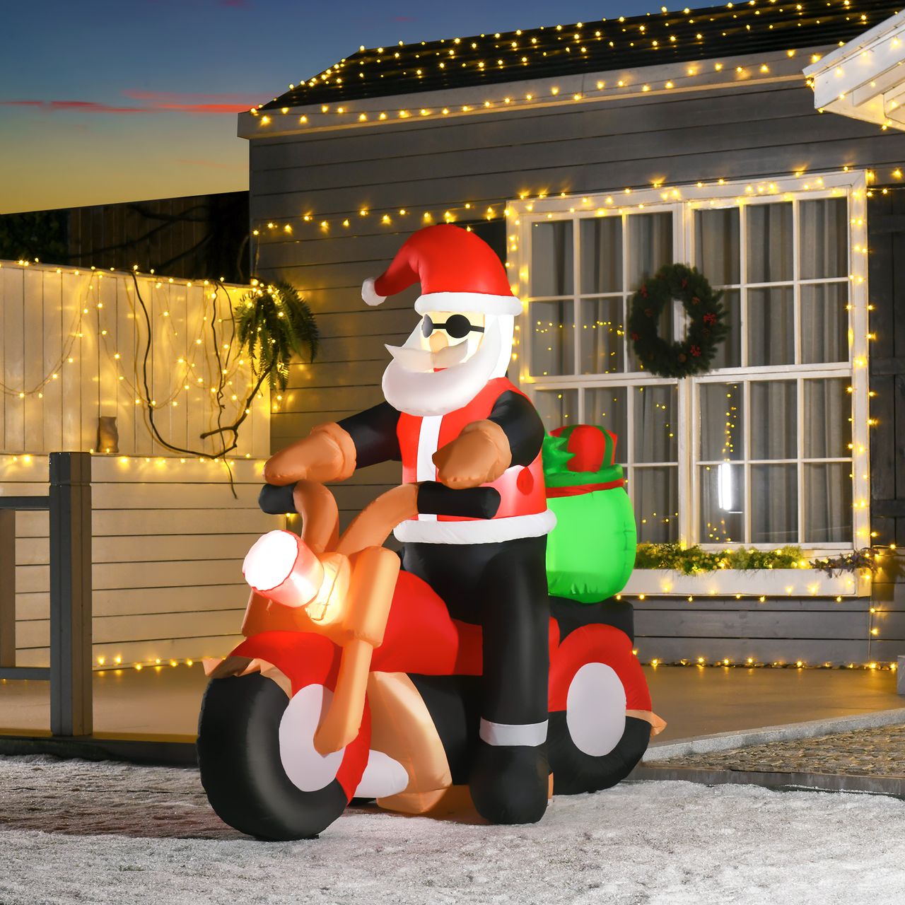 HOMCOM Aufblasbarer Weihnachtsmann auf einem Motorrad 150 cm LED mit Gebläse Weihnachts-Party Weihnachtsdekoration Polyester Weiß Rot Grün 153 x 55 x 150 cm