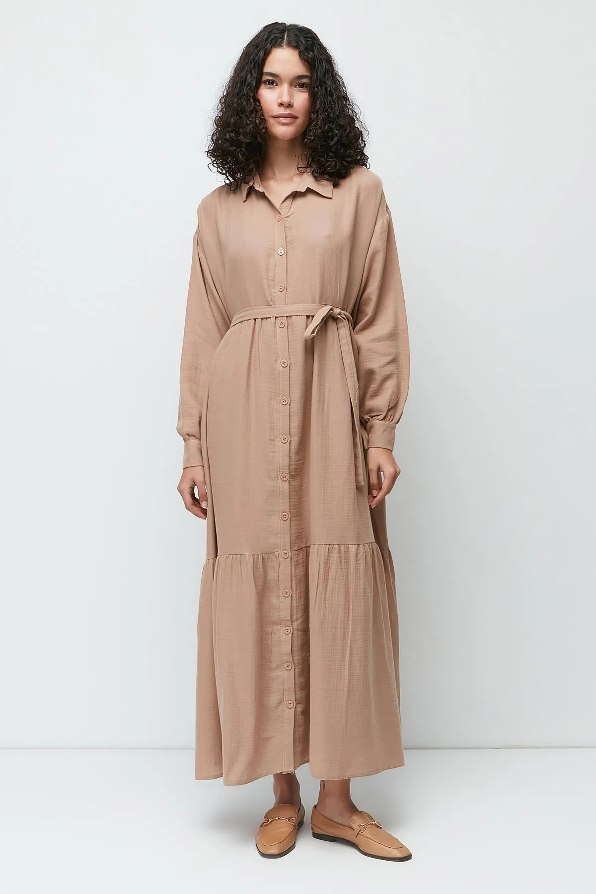 C&City  Langarmkleid aus Bio-Baumwollmusselin 9128 Beige