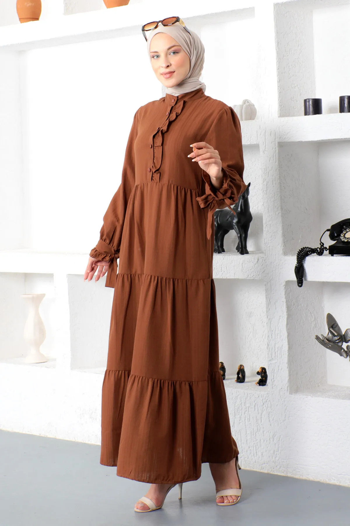 Tesettür Dünyası  Hijab-Kleid mit gebundenen Ärmeln Tsd221207 Braun