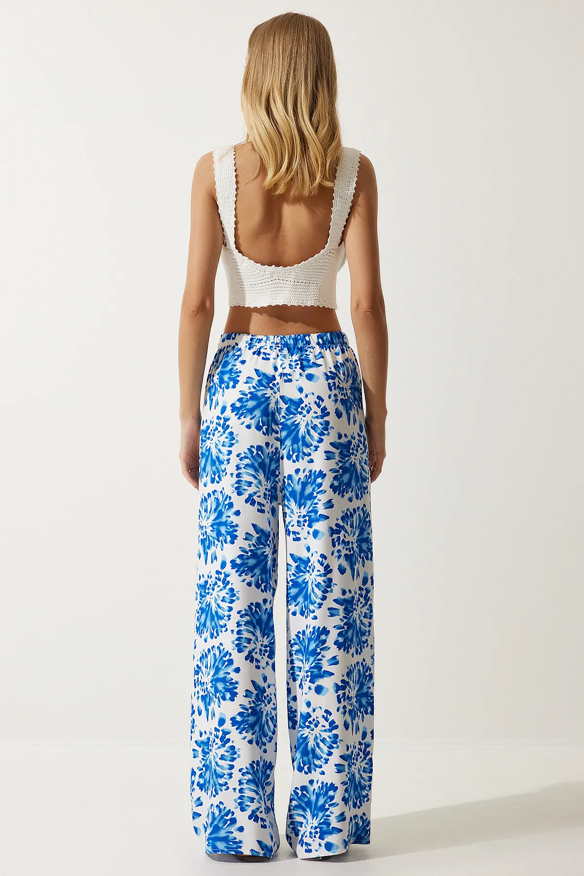 Happiness İstanbul  Damen-Hose aus ecrublauer, hoch taillierter, lockerer Viskose für den Sommer BH00354
