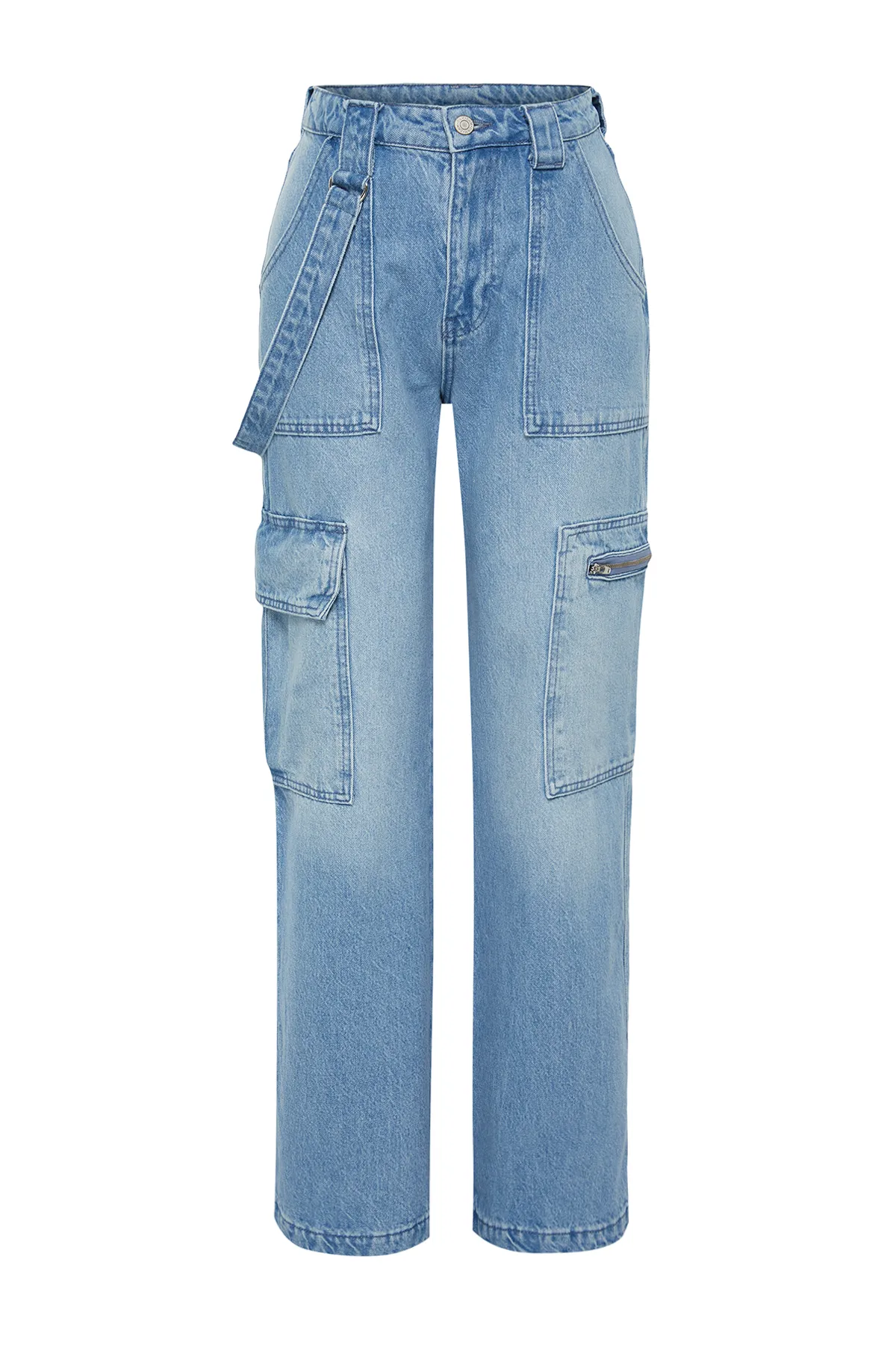 Trendyol Collection  Blaue Jeans mit hoher Taille und weitem Bein und Taschendetail TWOSS24JE00179