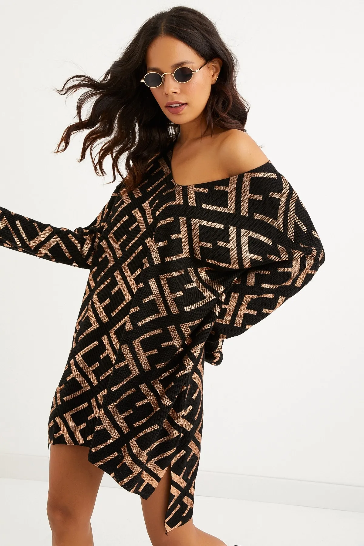 Cool & Sexy  Schwarz-goldblättriges Strick-Tunikakleid für Damen TD122