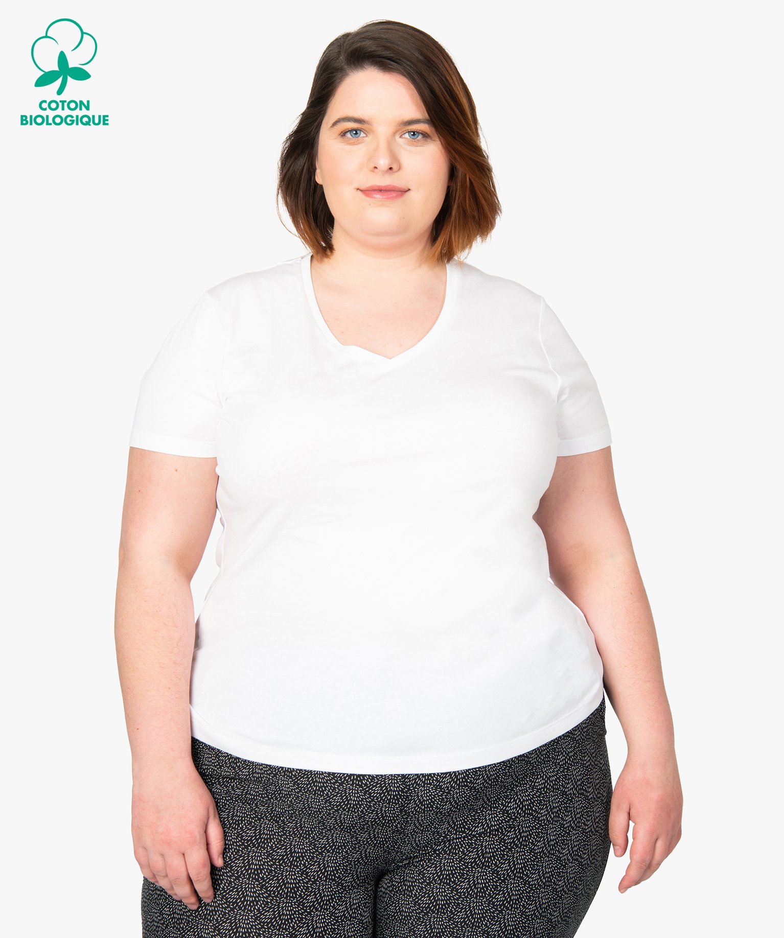 Tee-shirt femme grande taille à manches courtes et col V blanc | GEMO