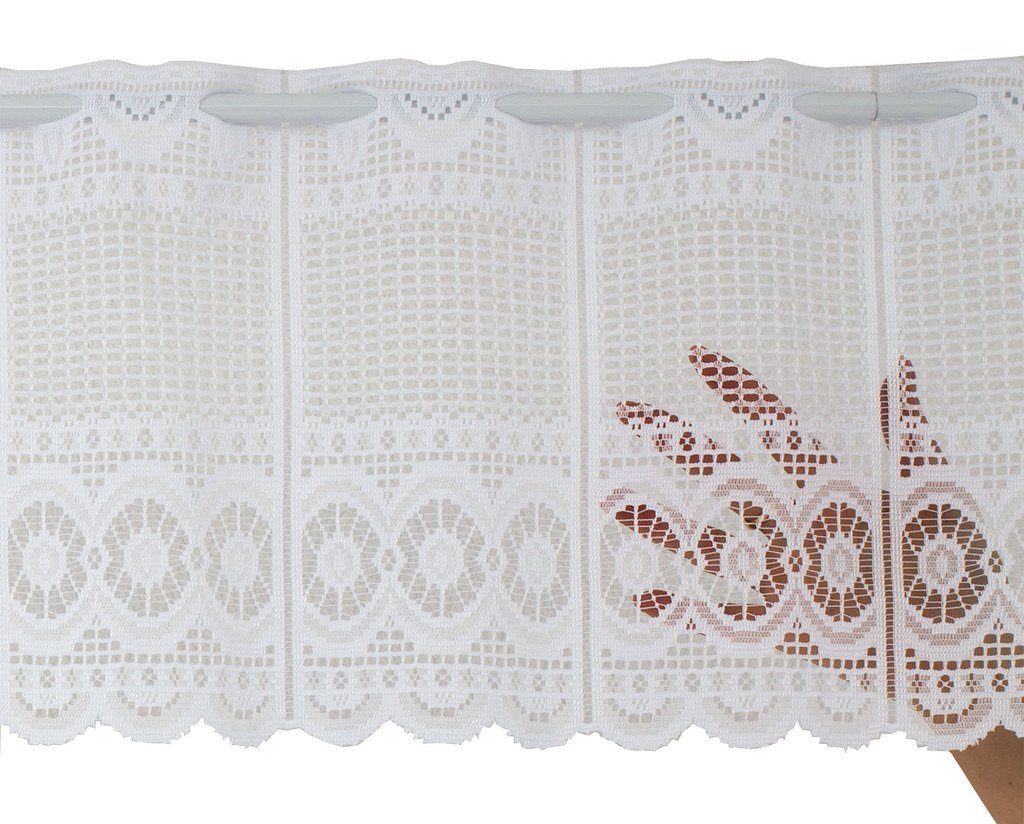 Scheibengardine nach Maß Jacquard gebogt Abschluss, Gardinen Kranzusch, Stangendurchzug (1 St), transparent, Kurzgardine, Stablöcher, transparent, verschiedene Höhen und Breiten